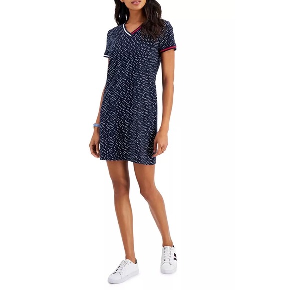Tommy Hilfiger Dresses & Skirts - Tommy Hilfiger Navy Blue Polka Dot V-Neck Short Sleeve T-Shirt Dress Beach Large